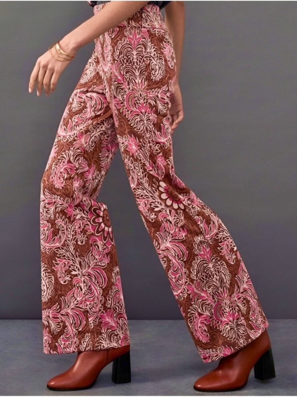 Maeve Anthropologie Maria Jacquard Flare Pants Floral Paisley Metallic Sz 14